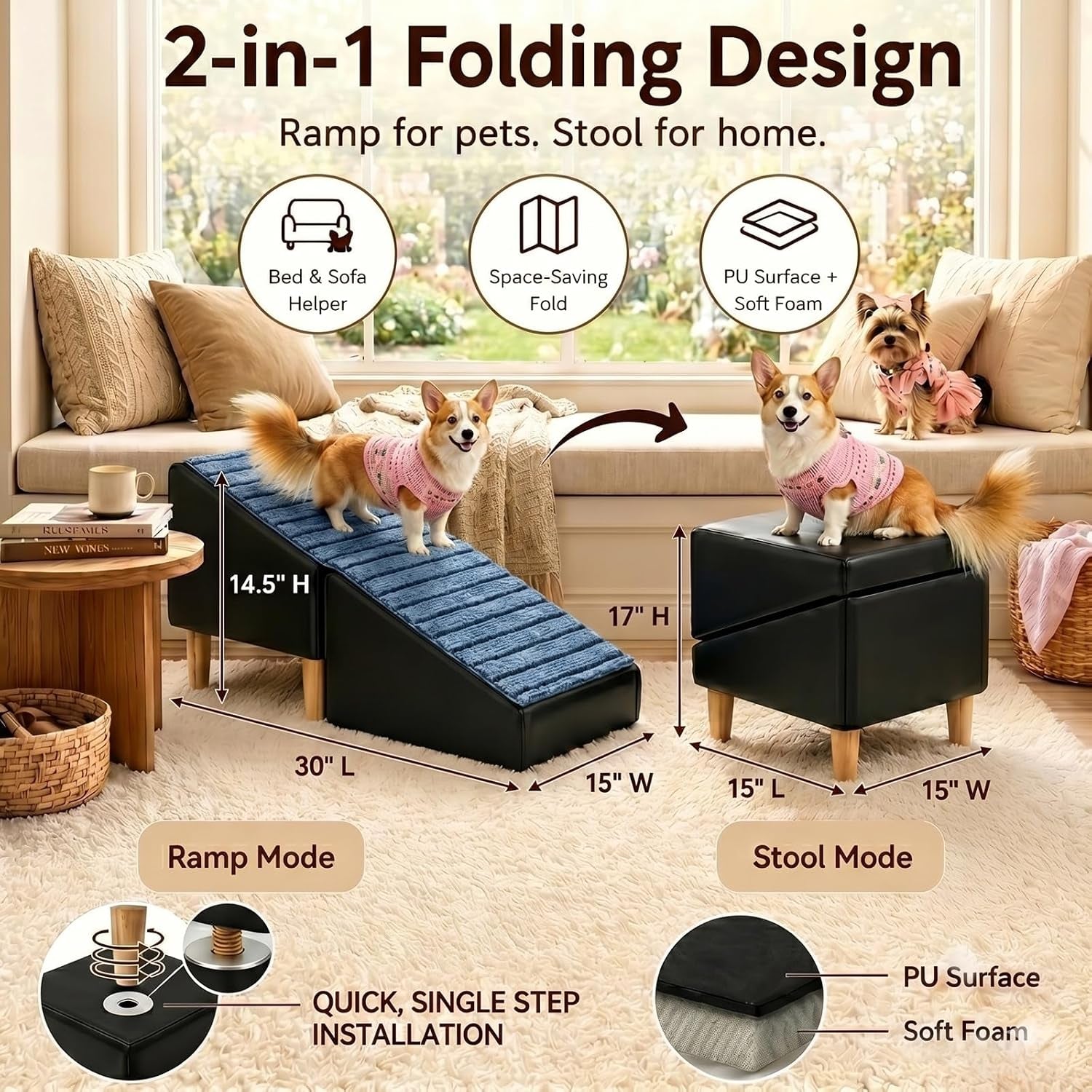 Non-Slip Dog Ramp for Bed Couch, Foldable Pet Stairs for Small Dogs | Non-Slip Foldable Pet Ramp Protects Senior & Injured Small Dog Joints, Easily Converting to a Comfy Leather Stool.