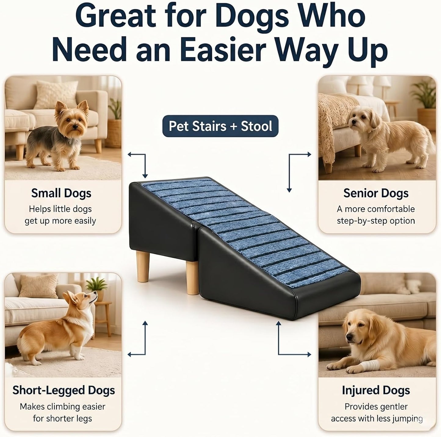 Non-Slip Dog Ramp for Bed Couch, Foldable Pet Stairs for Small Dogs | Non-Slip Foldable Pet Ramp Protects Senior & Injured Small Dog Joints, Easily Converting to a Comfy Leather Stool.