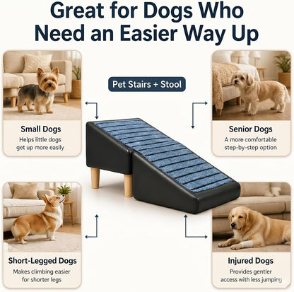 Non-Slip Dog Ramp for Bed Couch, Foldable Pet Stairs for Small Dogs | Non-Slip Foldable Pet Ramp Protects Senior & Injured Small Dog Joints, Easily Converting to a Comfy Leather Stool.