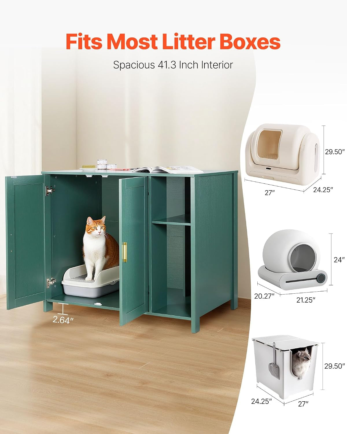 Cat Enclosure, 41.3 in Self Cleaning Litter Box Cabinet, with Drawer & Detachable Divider, Automatic Litterbox Enclosure with Built-In Power Outlet, Fits Most Smart Litterboxes