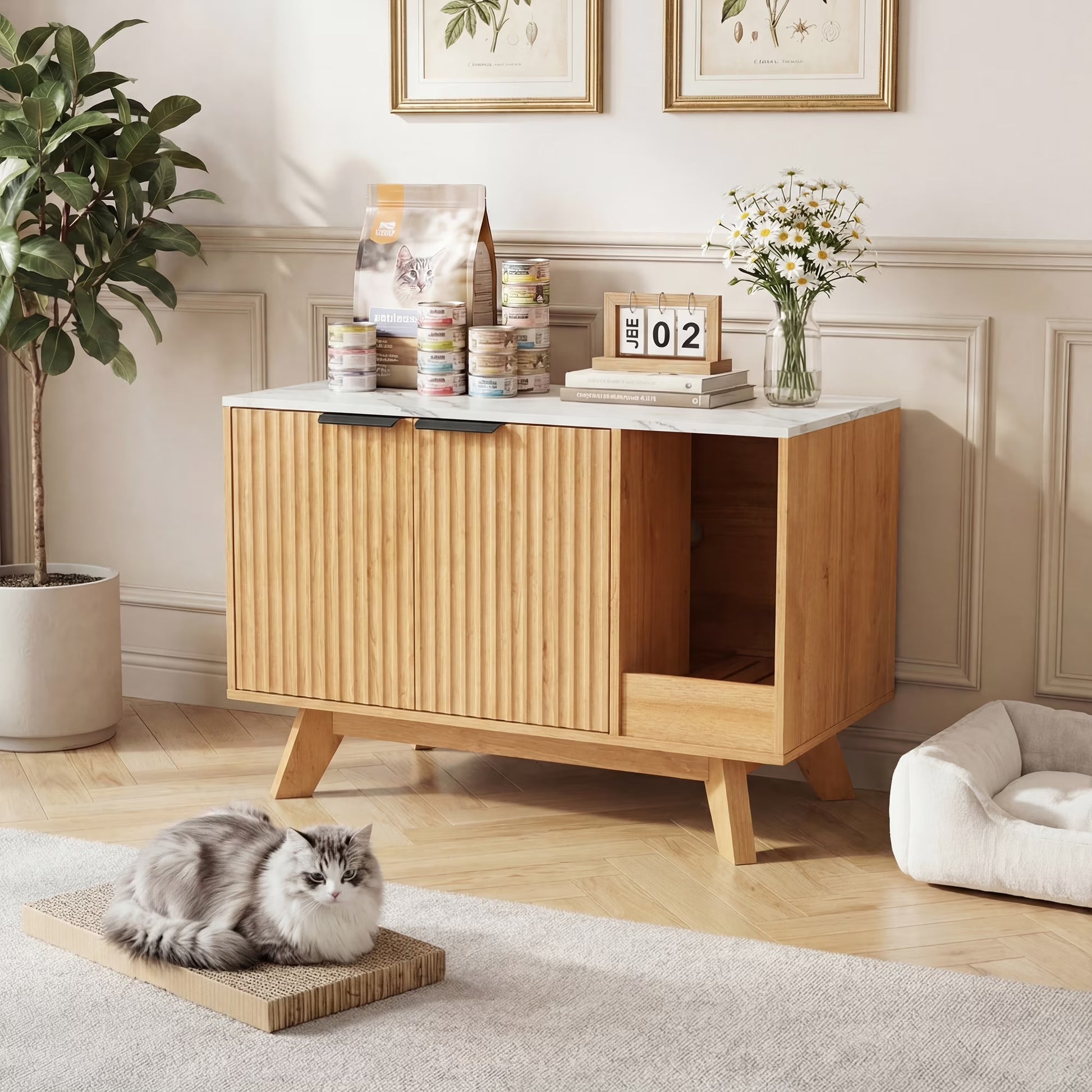 Home Cat Litter Box Enclosure, 31.5" Large Wooden Hidden Cat Litter Box Furniture,Indoor Cat Washroom for 2 Cats, Dual-Room Cats Cabinet W/Scratching Pad for Living Room Bedroom,Nature Finish