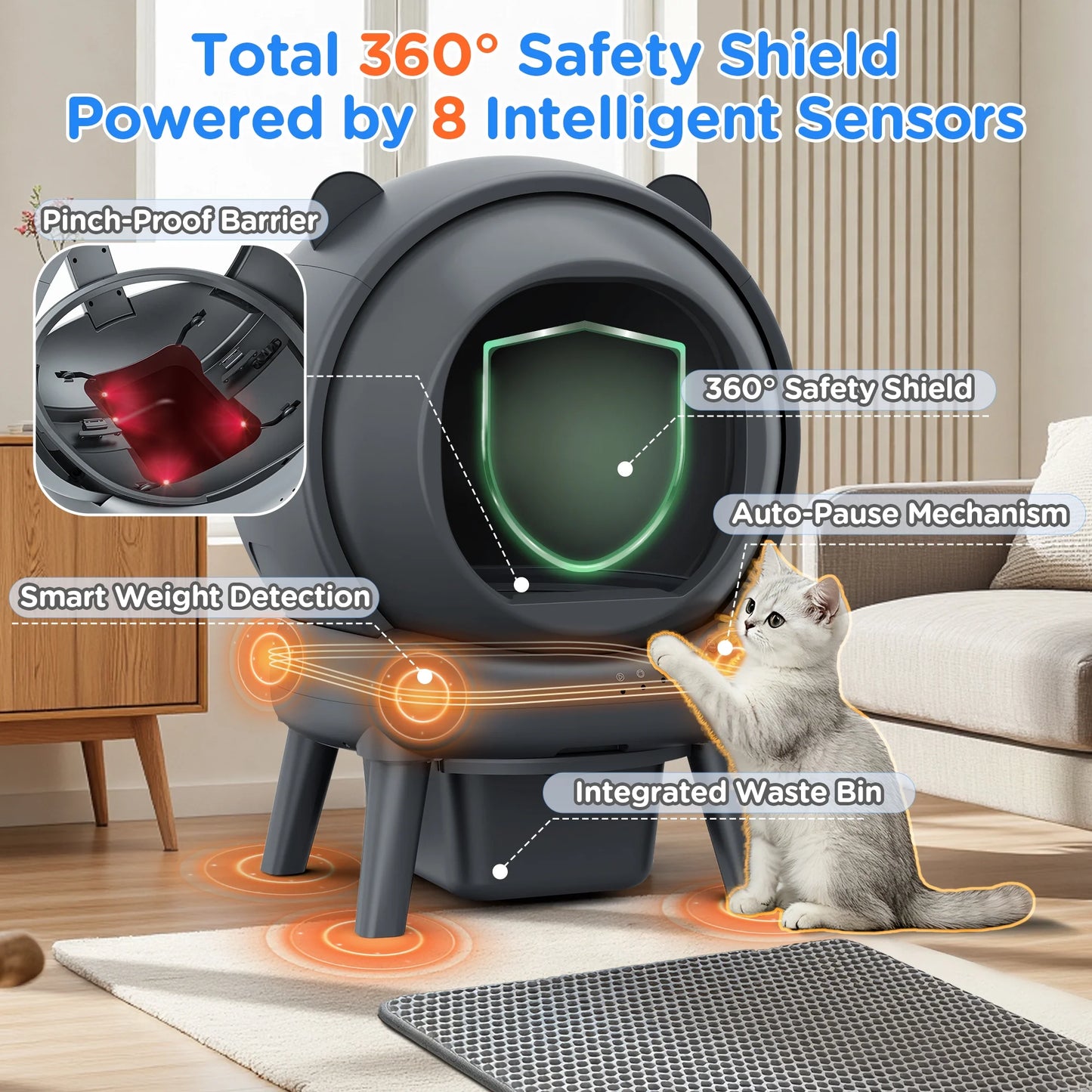 Self Cleaning Litter Box, 100 L+15L Automatic Cat Litter Box Self Cleaning for Multiple Cats, with Safety Protection, App Control,2 Roll Garbage Bags+Cat Litter Mat