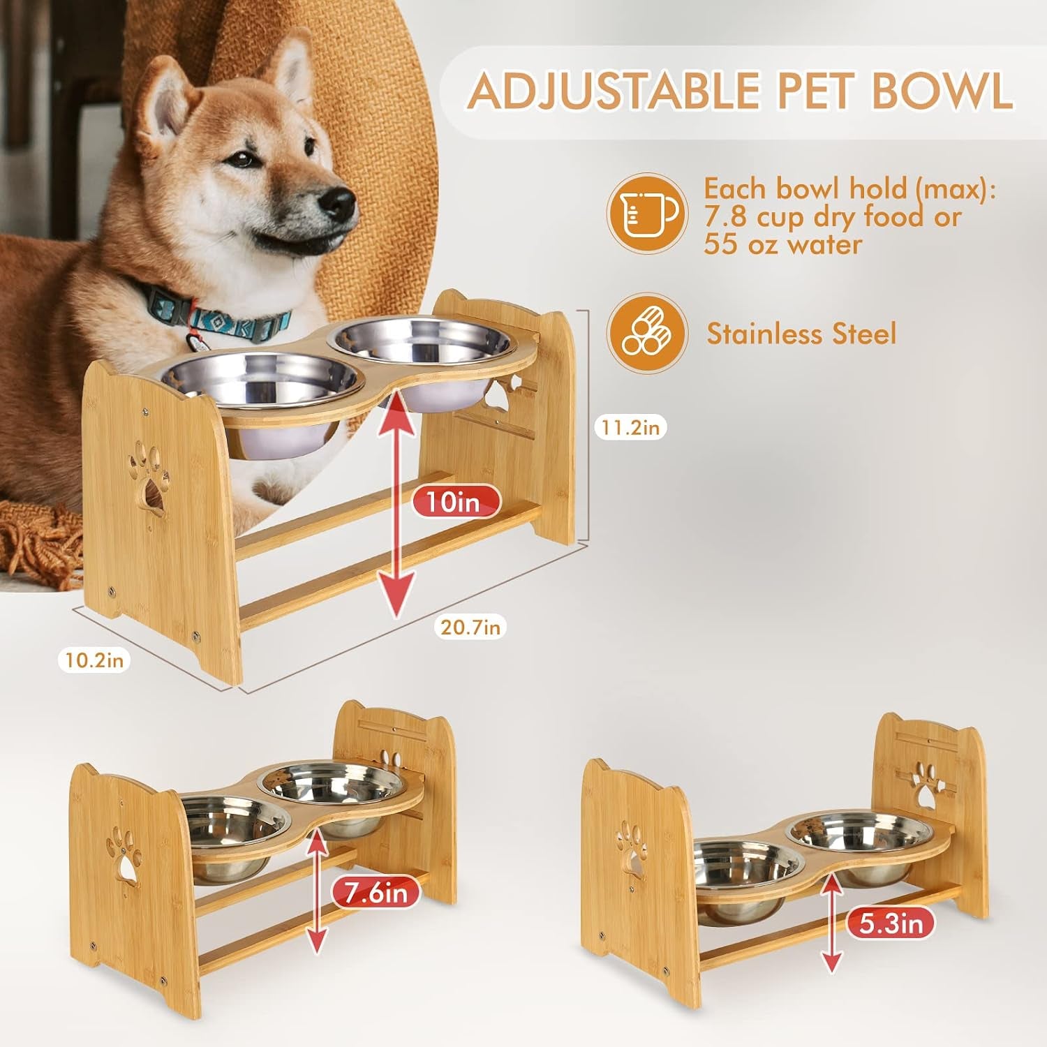 Elevated Dog Bowls for Cats and Dogs, Adjustable Bamboo Raised Dog Bowls for Large Dog, Food and Water Stand Feeder with 2 Stainless Steel Bowls anti Slip Feet (Height 5.1" to 7.5" to 10")…
