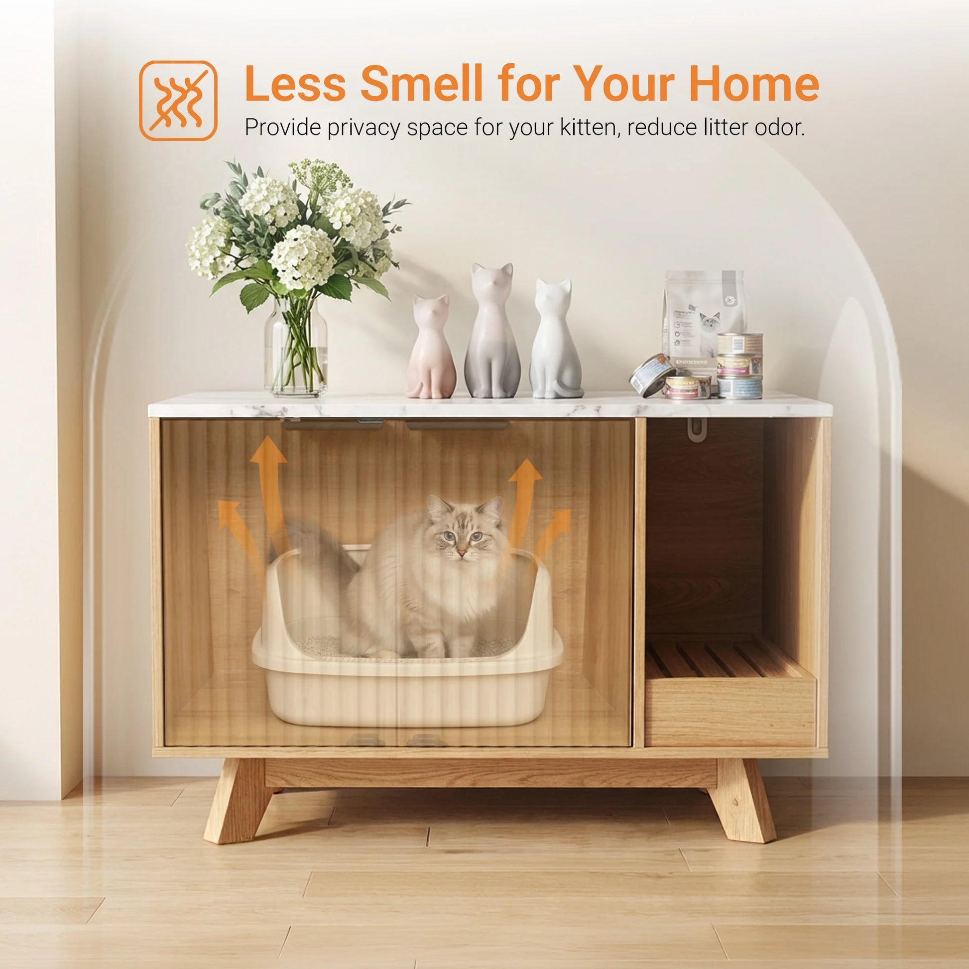 Home Cat Litter Box Enclosure, 31.5" Large Wooden Hidden Cat Litter Box Furniture,Indoor Cat Washroom for 2 Cats, Dual-Room Cats Cabinet W/Scratching Pad for Living Room Bedroom,Nature Finish
