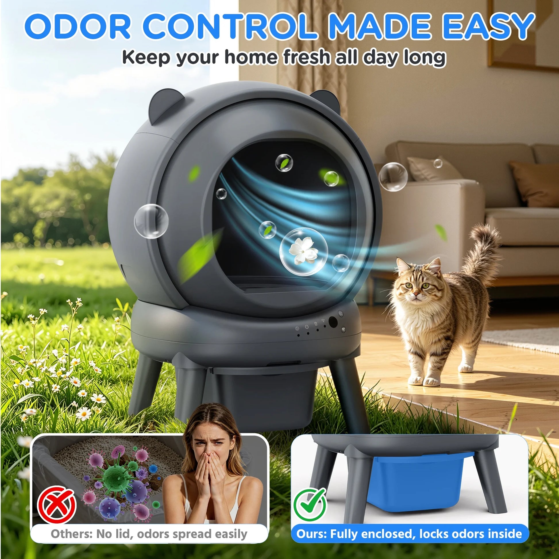 Self Cleaning Litter Box, 100 L+15L Automatic Cat Litter Box Self Cleaning for Multiple Cats, with Safety Protection, App Control,2 Roll Garbage Bags+Cat Litter Mat