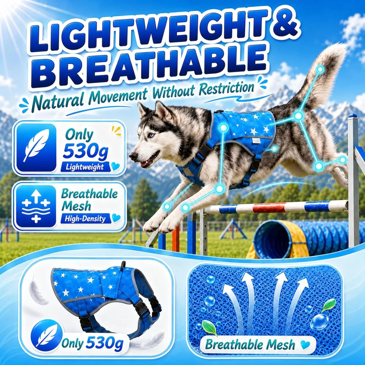 SAVIOR COOL Comfort Dog Cooling Vest for Medium Large Dogs, Soft Summer Cooling Harness with 4 Cold Source, SPF 50+ Sun Guard, Breathable Reflective Jacket for Hot Weather Safety