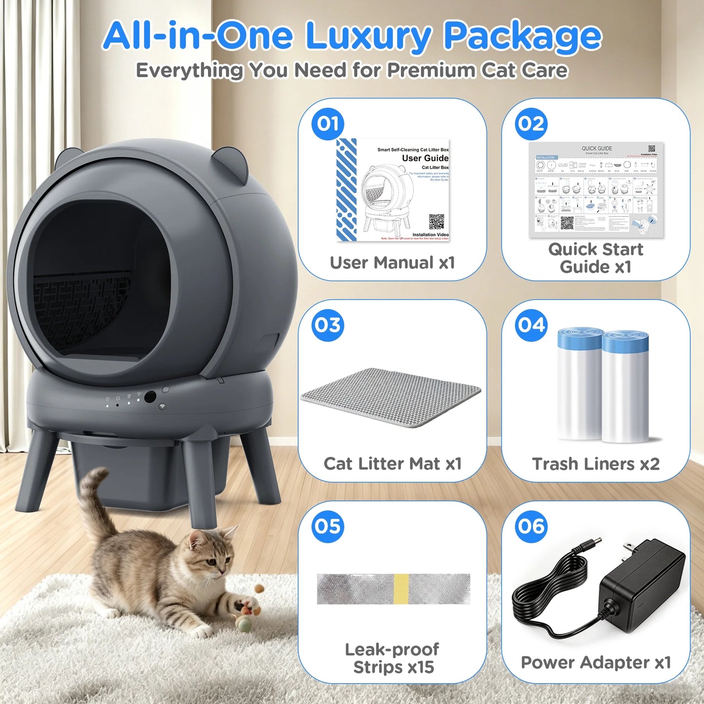 Self Cleaning Litter Box, 100 L+15L Automatic Cat Litter Box Self Cleaning for Multiple Cats, with Safety Protection, App Control,2 Roll Garbage Bags+Cat Litter Mat