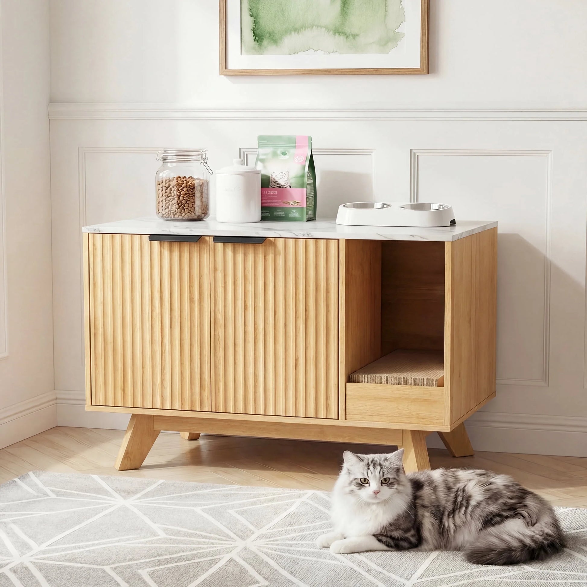 Home Cat Litter Box Enclosure, 31.5" Large Wooden Hidden Cat Litter Box Furniture,Indoor Cat Washroom for 2 Cats, Dual-Room Cats Cabinet W/Scratching Pad for Living Room Bedroom,Nature Finish