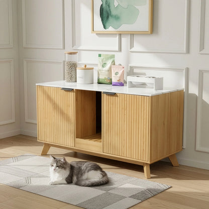 Home Cat Litter Box Enclosure, 31.5" Large Wooden Hidden Cat Litter Box Furniture,Indoor Cat Washroom for 2 Cats, Dual-Room Cats Cabinet W/Scratching Pad for Living Room Bedroom,Nature Finish