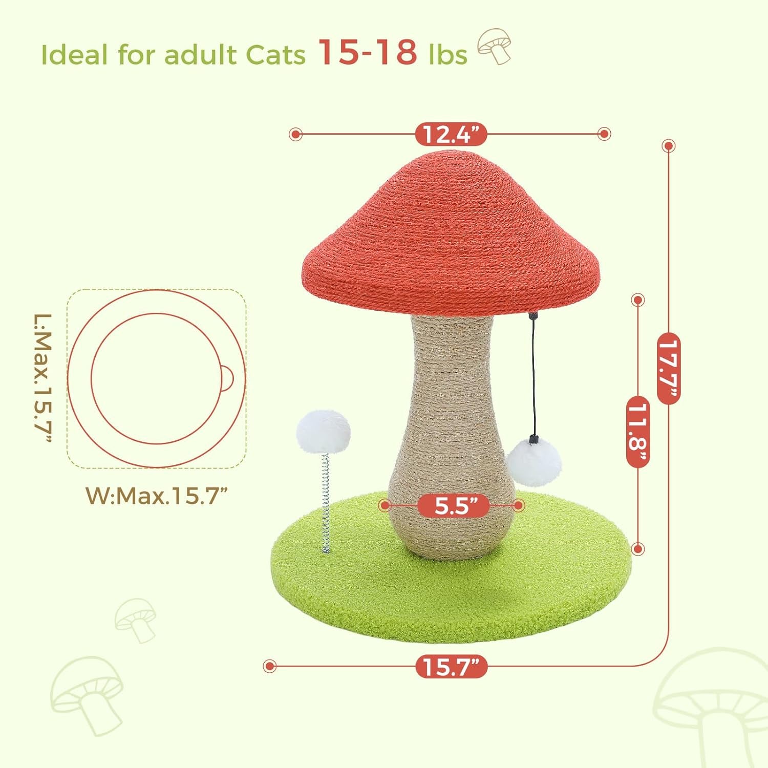Cat Scratching Post, Mushroom Tall Cat Scratcher Featuring with Natural Sisal Scratching Poles and Interactive Toy Ball + Mushroom Cat Scratching Post, Cat Scratcher Cute