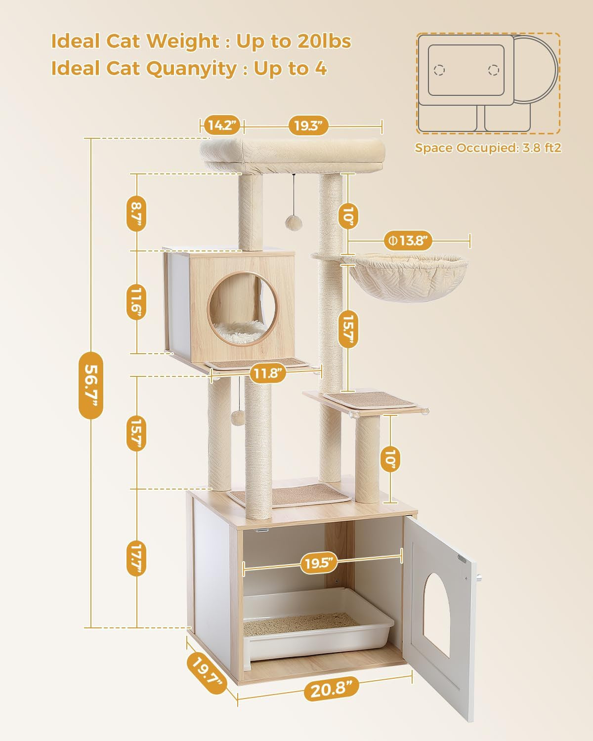 56.7" Cat Tree with Litter Box Enclosure Large, Wood Cat Tower for Indoor Cats with Storage Cabinet and Cozy Cat Condo, Sisal Covered Scratching Post and Repalcable Dangling Balls, Beige | Enclosed Cabinet Hides a Litter Box; with Cozy Condo, Sisal Scratching Posts, Spoon Hammock & Top Perch for Indoor Cats