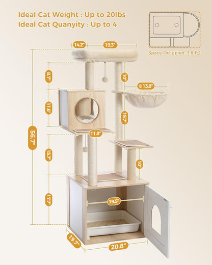 56.7" Cat Tree with Litter Box Enclosure Large, Wood Cat Tower for Indoor Cats with Storage Cabinet and Cozy Cat Condo, Sisal Covered Scratching Post and Repalcable Dangling Balls, Beige | Enclosed Cabinet Hides a Litter Box; with Cozy Condo, Sisal Scratching Posts, Spoon Hammock & Top Perch for Indoor Cats