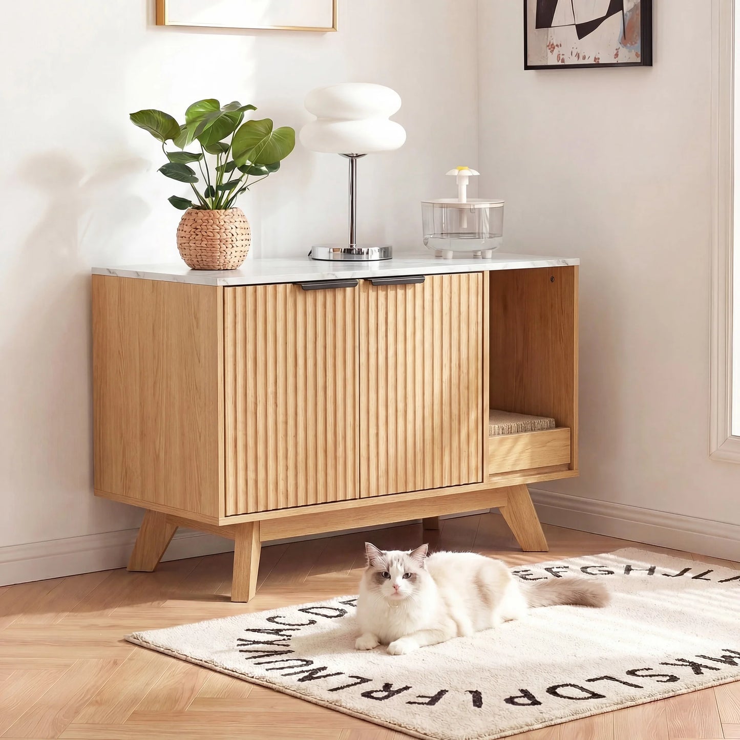 Home Cat Litter Box Enclosure, 31.5" Large Wooden Hidden Cat Litter Box Furniture,Indoor Cat Washroom for 2 Cats, Dual-Room Cats Cabinet W/Scratching Pad for Living Room Bedroom,Nature Finish