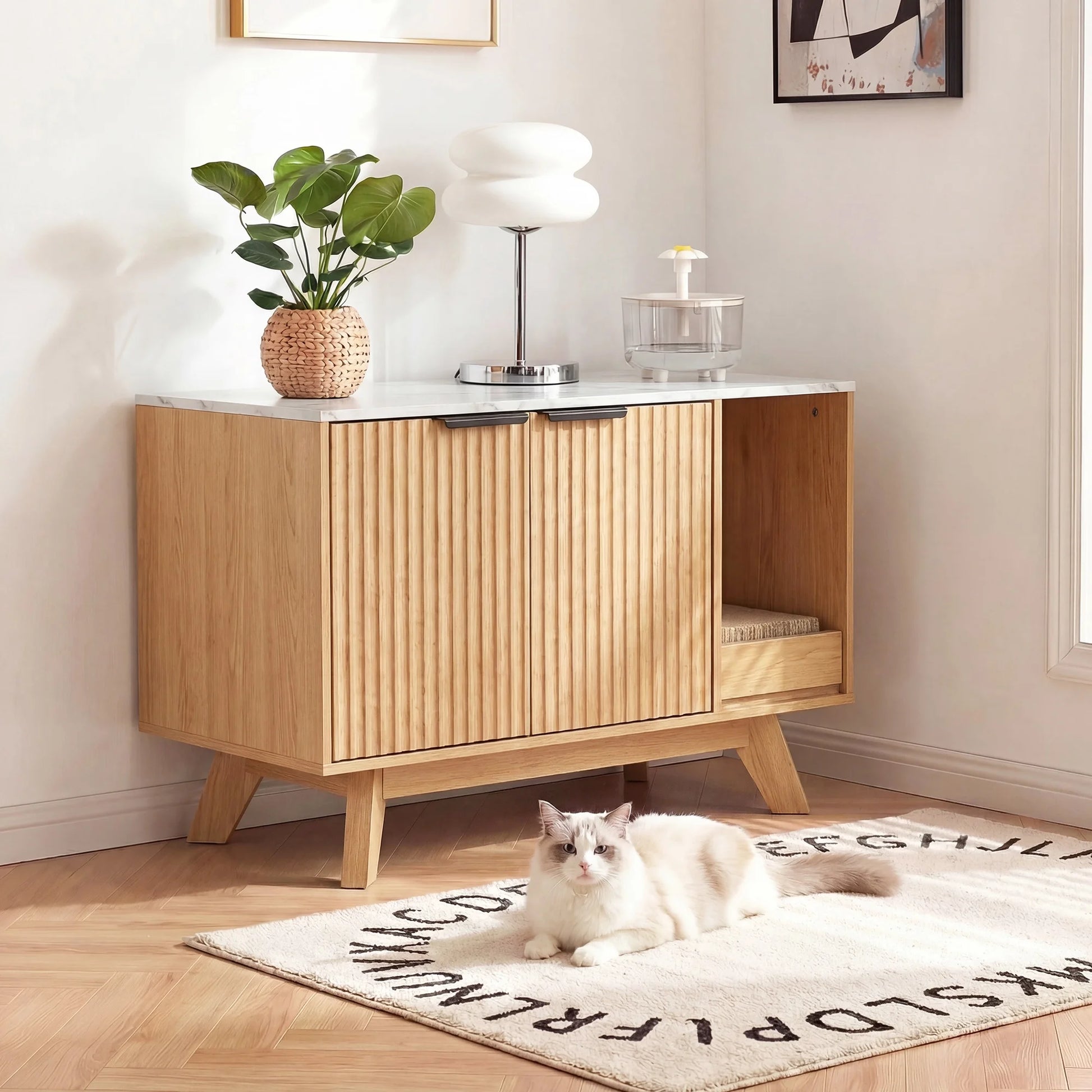 Home Cat Litter Box Enclosure, 31.5" Large Wooden Hidden Cat Litter Box Furniture,Indoor Cat Washroom for 2 Cats, Dual-Room Cats Cabinet W/Scratching Pad for Living Room Bedroom,Nature Finish