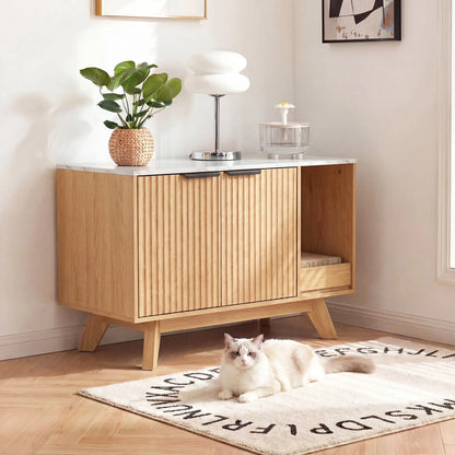 Home Cat Litter Box Enclosure, 31.5" Large Wooden Hidden Cat Litter Box Furniture,Indoor Cat Washroom for 2 Cats, Dual-Room Cats Cabinet W/Scratching Pad for Living Room Bedroom,Nature Finish