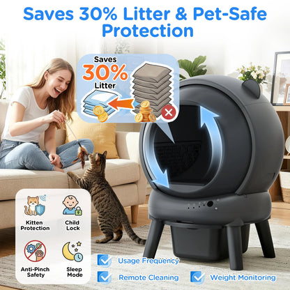 Self Cleaning Litter Box, 100 L+15L Automatic Cat Litter Box Self Cleaning for Multiple Cats, with Safety Protection, App Control,2 Roll Garbage Bags+Cat Litter Mat
