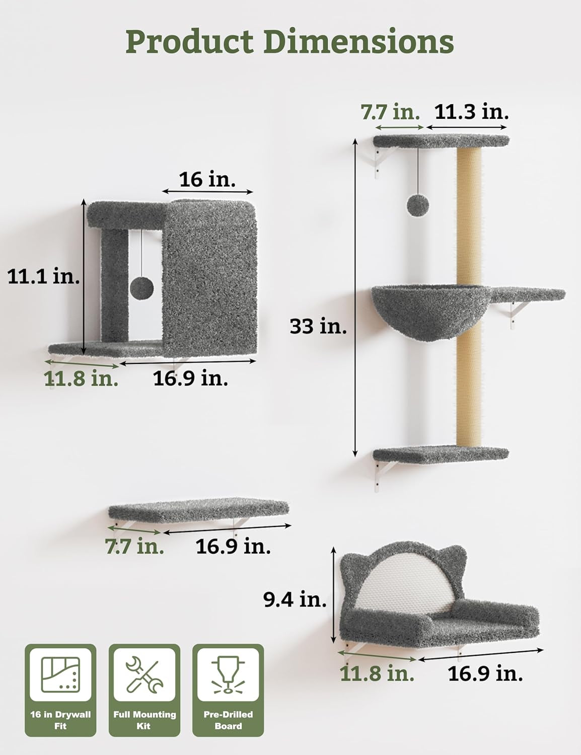 5-In-1 Cat Wall Shelves, Solid Wood Cat Wall Furniture Set for Indoor Cats | 44 Lb per Shelf, 72-Hour Load Tested, Pre-Drilled, Fits 16 In. Stud Drywall & Solid Walls, for Small to Medium Cats