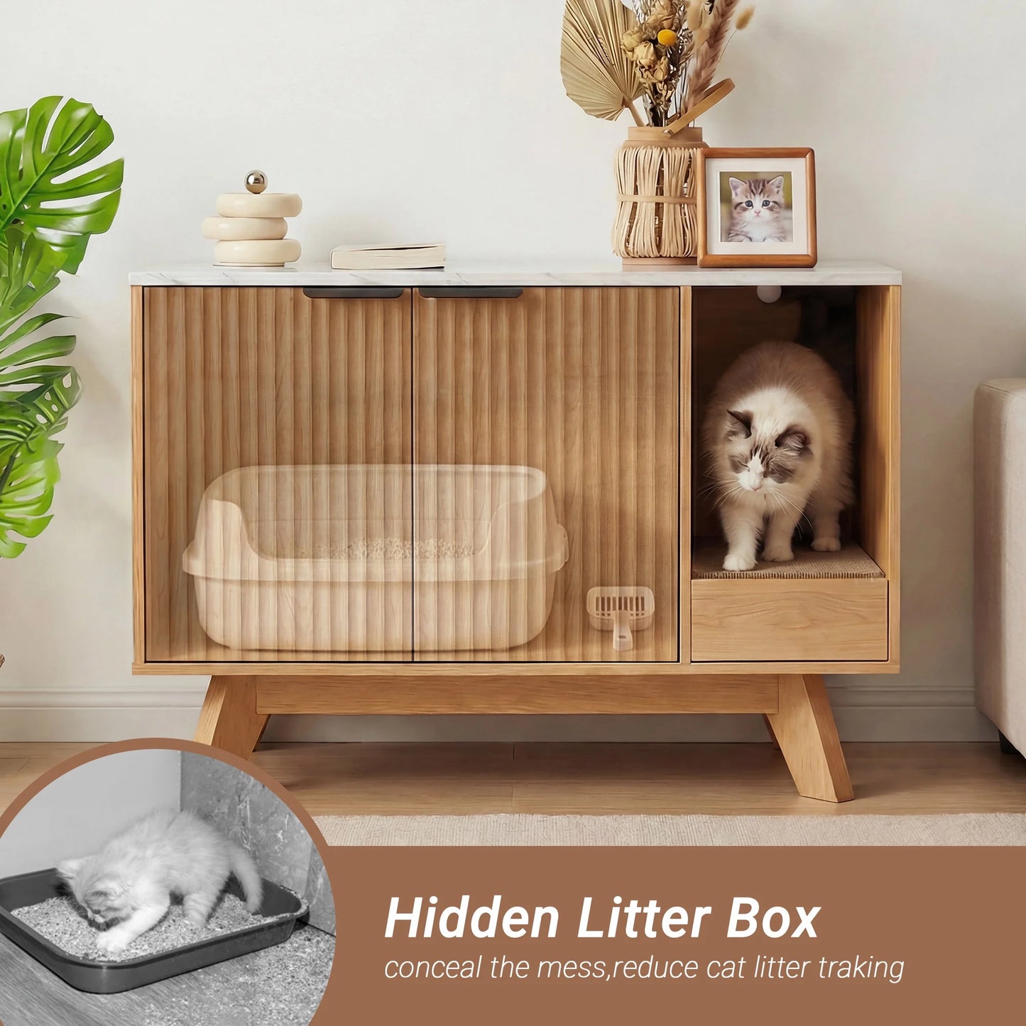 Home Cat Litter Box Enclosure, 31.5" Large Wooden Hidden Cat Litter Box Furniture,Indoor Cat Washroom for 2 Cats, Dual-Room Cats Cabinet W/Scratching Pad for Living Room Bedroom,Nature Finish