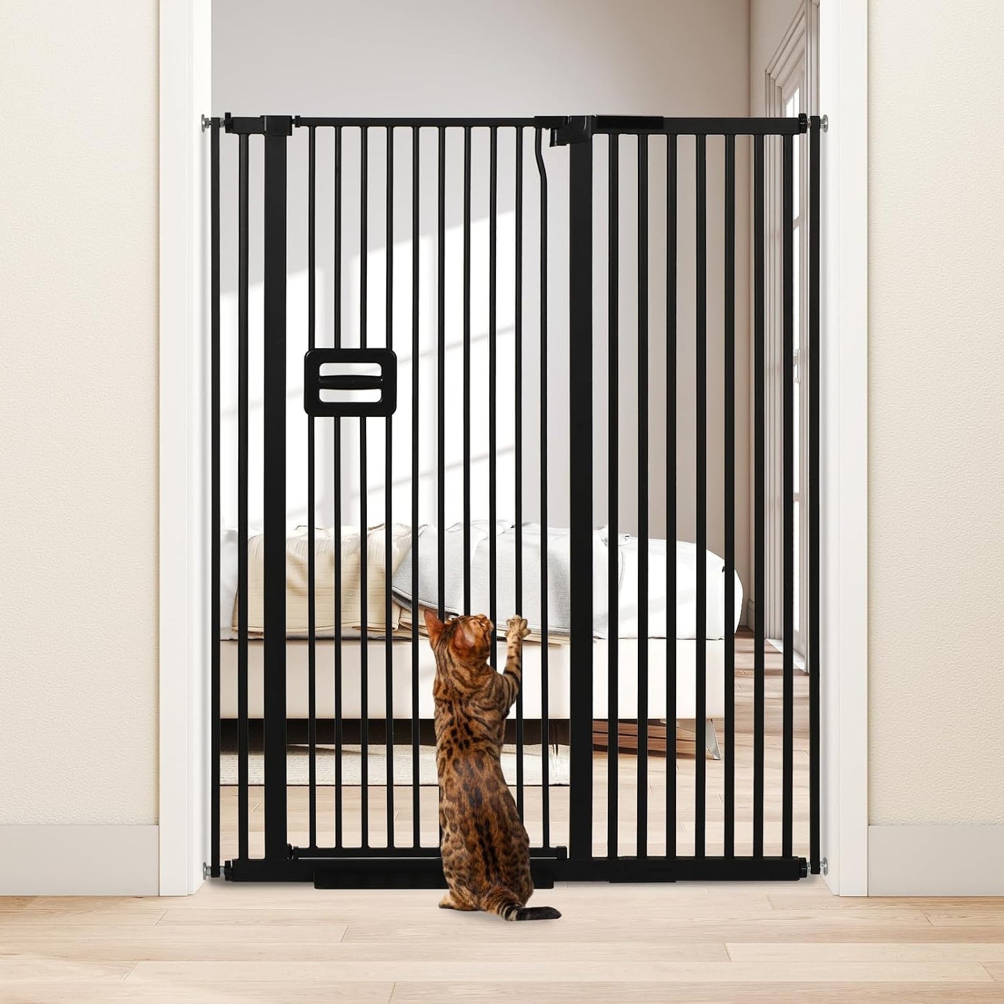 55" High Extra Tall Baby Gate, Safety Cat Gate for Doorways, Expands to 42.9"-46.9" Wide, Auto Close Dog Gate, No Drilling Pressure Mounted Cat Fence, Pet Gate Indoor for Stairs, Black