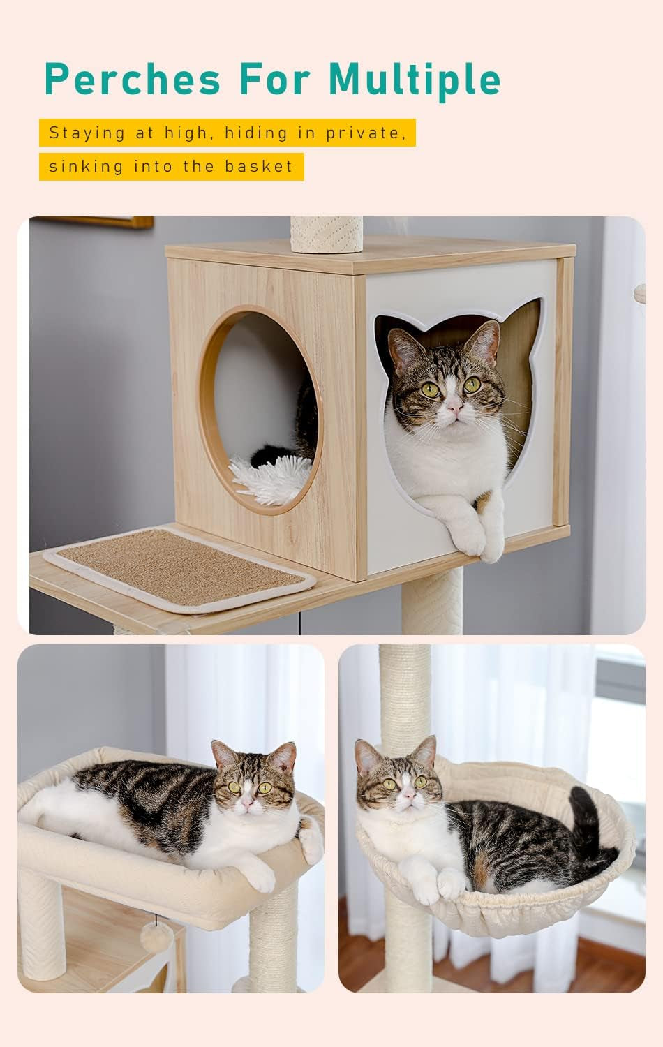 56.7" Cat Tree with Litter Box Enclosure Large, Wood Cat Tower for Indoor Cats with Storage Cabinet and Cozy Cat Condo, Sisal Covered Scratching Post and Repalcable Dangling Balls, Beige | Enclosed Cabinet Hides a Litter Box; with Cozy Condo, Sisal Scratching Posts, Spoon Hammock & Top Perch for Indoor Cats