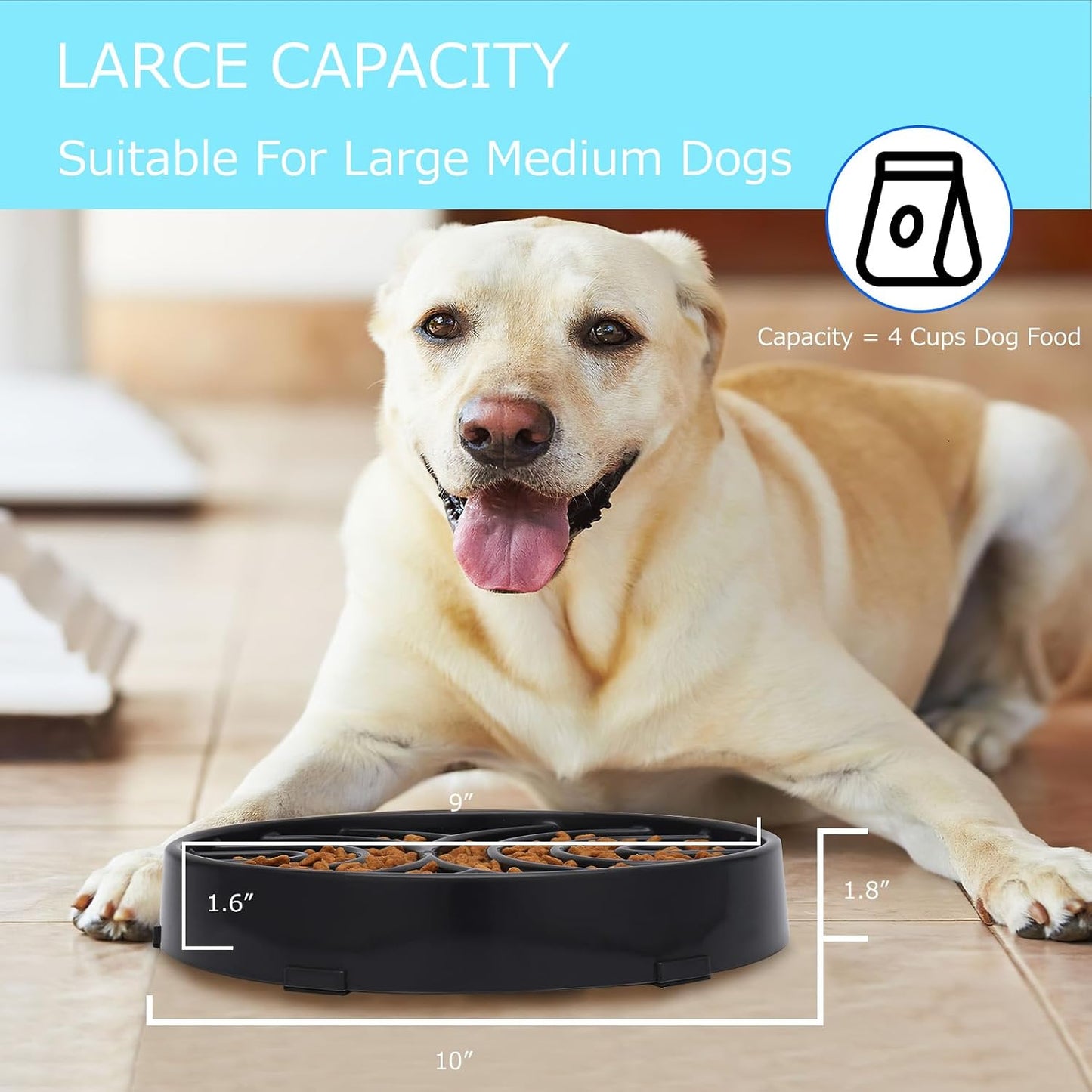 Slow Feeder Maze Dog Bowl - Anti-Choking, Anti-Slip Interactive Puzzle Feeder for Large Dogs, Black