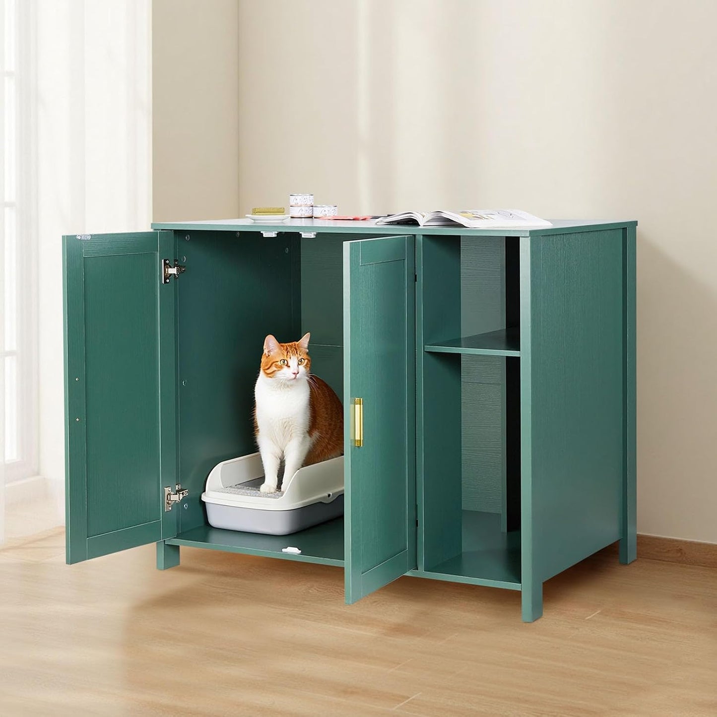Cat Enclosure, 41.3 in Self Cleaning Litter Box Cabinet, with Drawer & Detachable Divider, Automatic Litterbox Enclosure with Built-In Power Outlet, Fits Most Smart Litterboxes