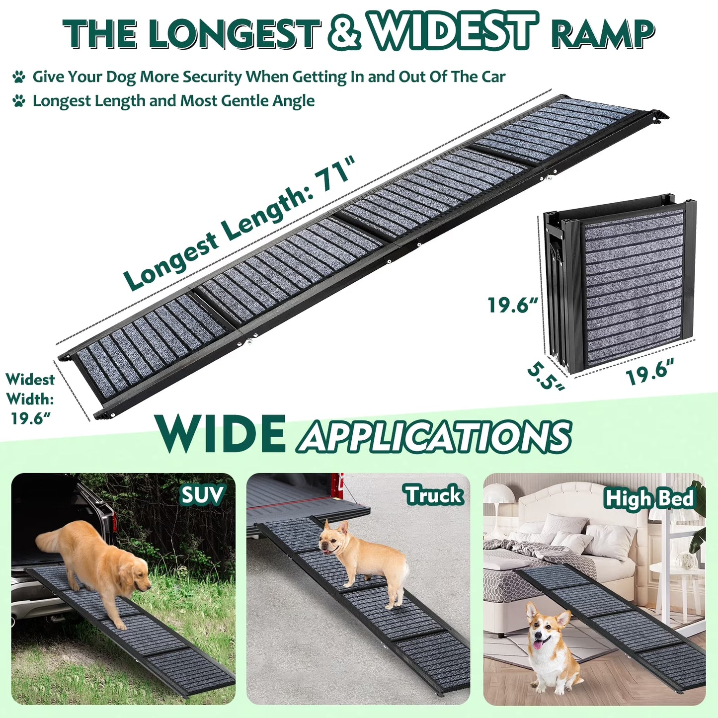 71" Foldable Dog Ramps for Large Dogs, Dog Car Ramp with Non-Slip Rug Surface, Pet Ramp Stairs Portable,Dog Steps for Medium & Large Dogs up to 220 LBS Get into a Car, SUV & Truck