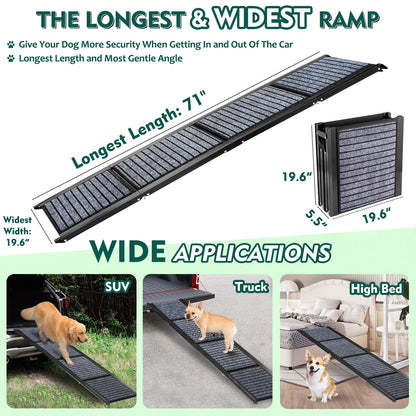 71" Foldable Dog Ramps for Large Dogs, Dog Car Ramp with Non-Slip Rug Surface, Pet Ramp Stairs Portable,Dog Steps for Medium & Large Dogs up to 220 LBS Get into a Car, SUV & Truck