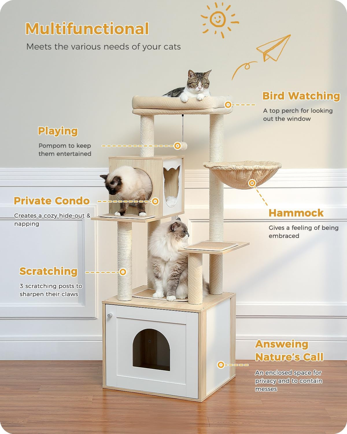 56.7" Cat Tree with Litter Box Enclosure Large, Wood Cat Tower for Indoor Cats with Storage Cabinet and Cozy Cat Condo, Sisal Covered Scratching Post and Repalcable Dangling Balls, Beige | Enclosed Cabinet Hides a Litter Box; with Cozy Condo, Sisal Scratching Posts, Spoon Hammock & Top Perch for Indoor Cats
