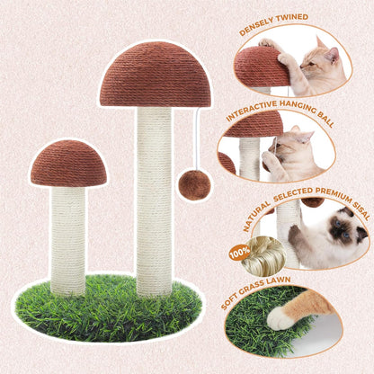 Cat Scratching Post, Mushroom Tall Cat Scratcher Featuring with Natural Sisal Scratching Poles and Interactive Toy Ball + Mushroom Cat Scratching Post, Cat Scratcher Cute