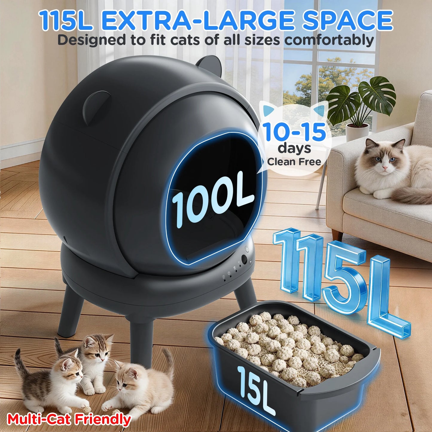 Self Cleaning Litter Box, 100 L+15L Automatic Cat Litter Box Self Cleaning for Multiple Cats, with Safety Protection, App Control,2 Roll Garbage Bags+Cat Litter Mat